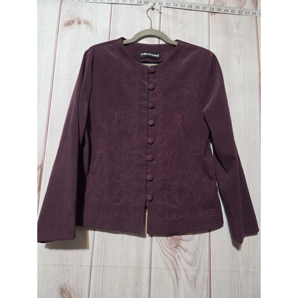 Sag Harbo Purple Faux Suede Embroidered Button Front Jacket Womens No Size Tag